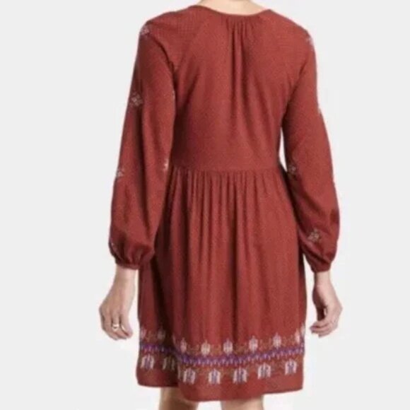 Knox Rose Womens Bohemian Embroidered Mini Dress Maroon Long Sleeve Small - Picture 2 of 12